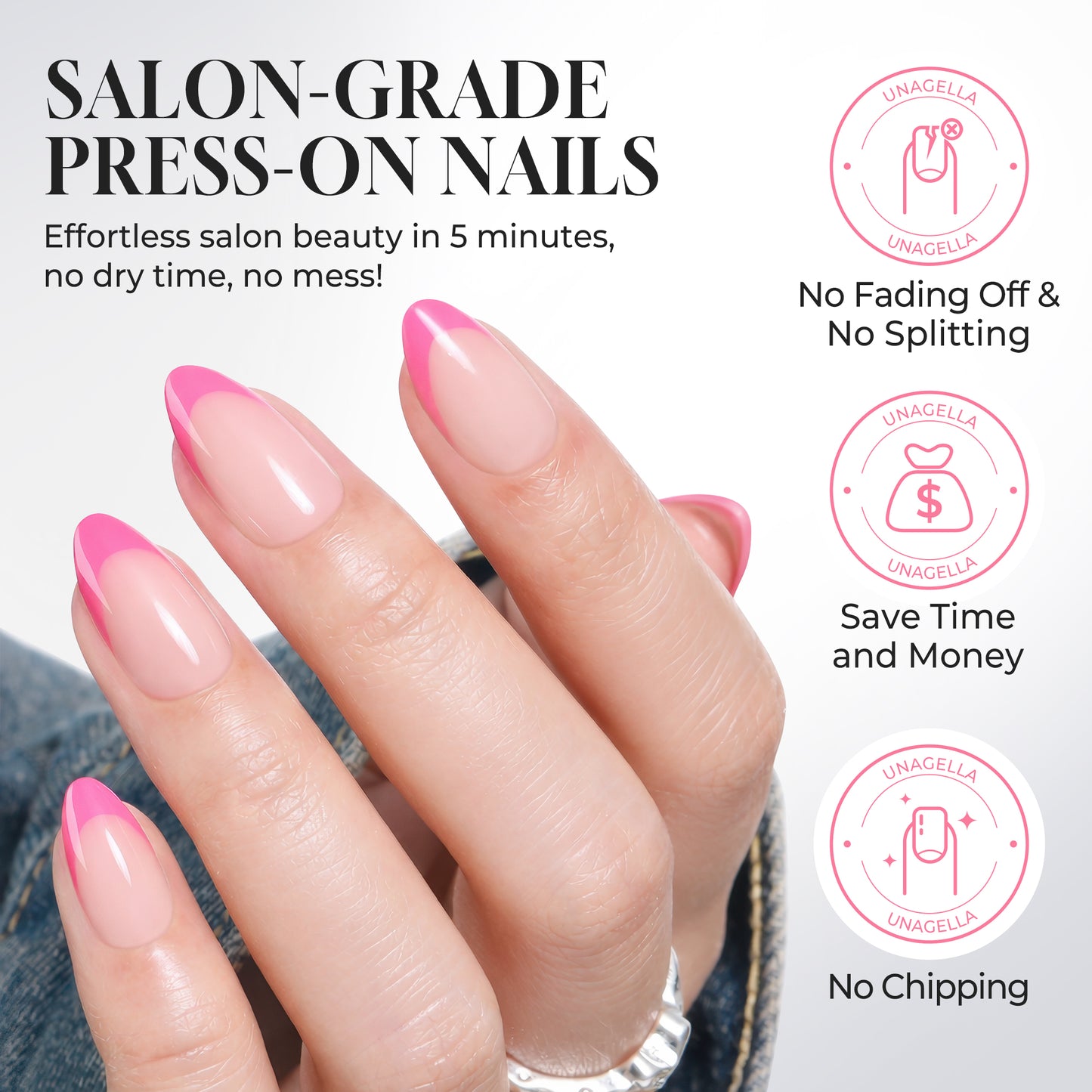UNA GELLA 32pcs hot pink French almond-shaped soft gel press-on nails, reusable nail tips for DIY manicures.