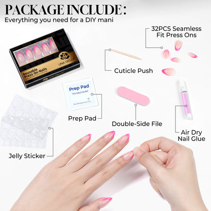 UNA GELLA 32-piece set of soft gel press-on nails in hot pink with French almond tips for DIY manicures.