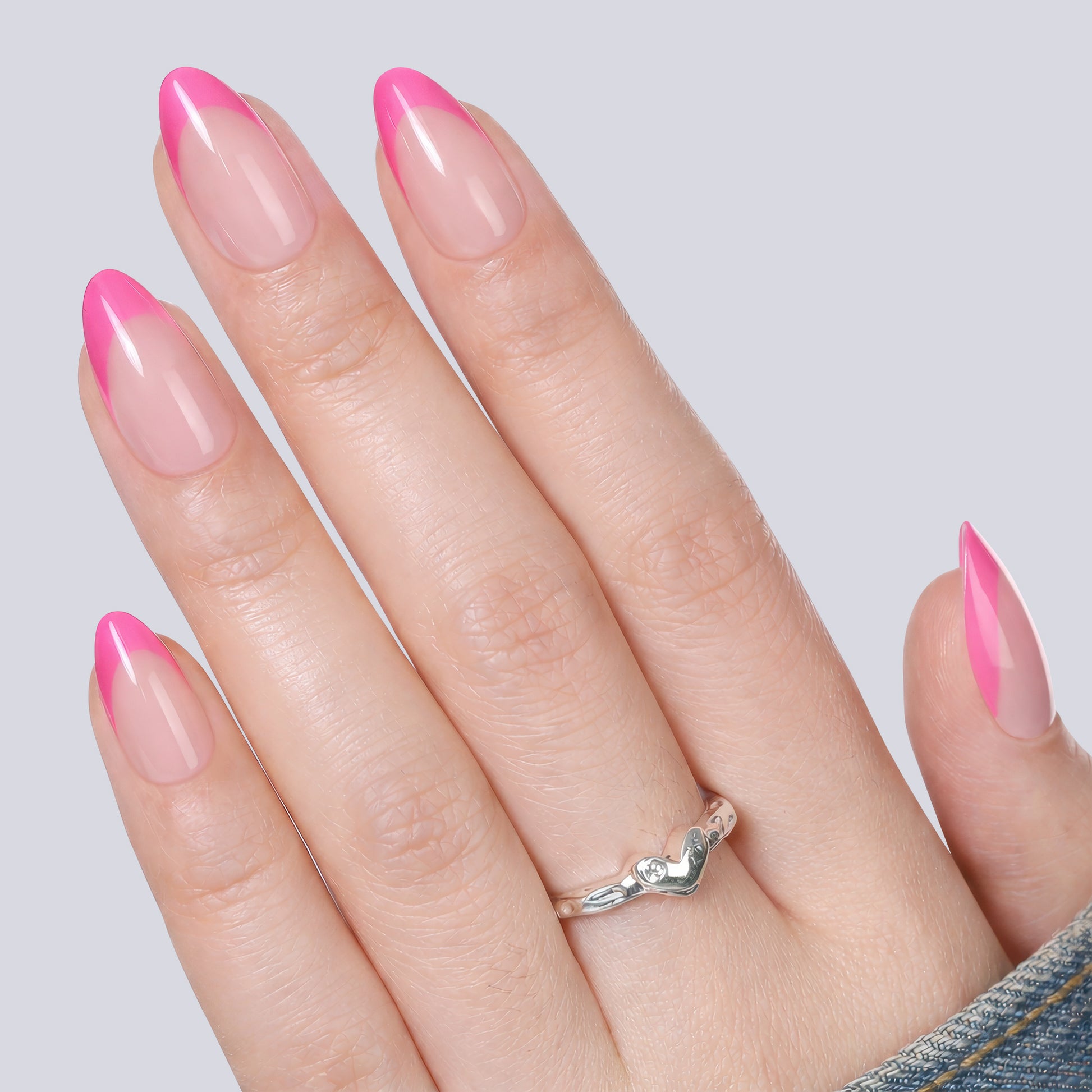 UNA GELLA 32pcs soft gel press-on nails in hot pink and French almond shape, reusable nail tips for DIY manicure.