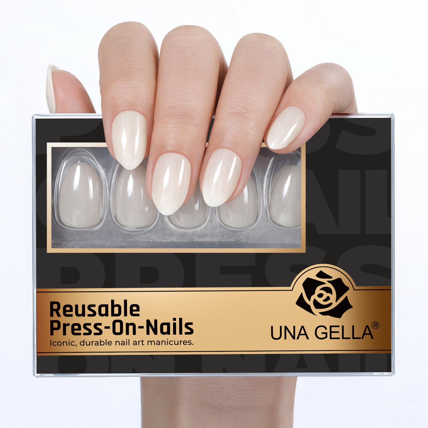 Reusable silver chrome almond-shaped nail tips by UNA GELLA, salon grade press-on nails with metallic finish for DIY manicure.