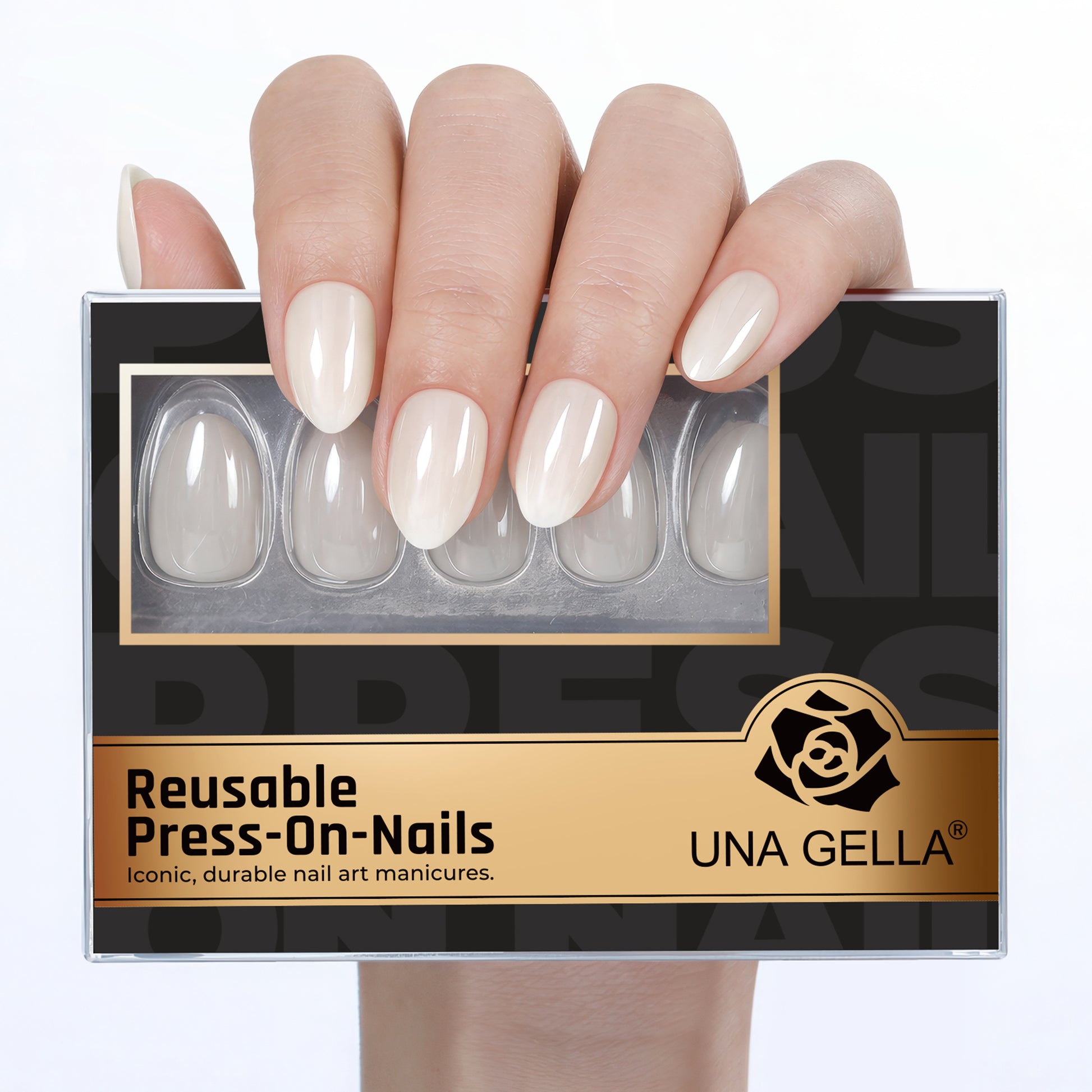 Reusable silver chrome almond-shaped nail tips by UNA GELLA, salon grade press-on nails with metallic finish for DIY manicure.