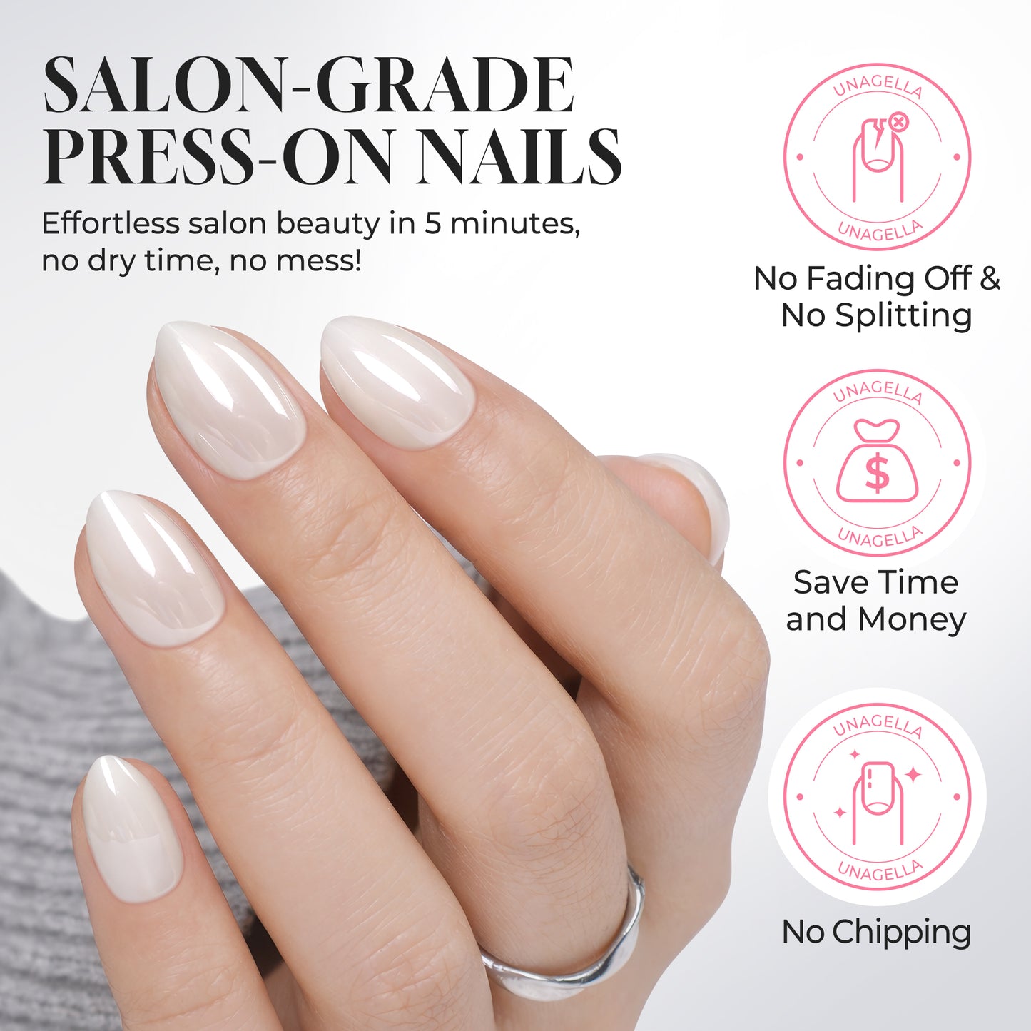 Reusable silver chrome almond nail tips by UNA GELLA, 32-piece salon-grade press-on nails for DIY metallic nail designs.