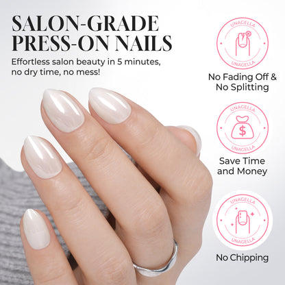 Reusable silver chrome almond nail tips by UNA GELLA, 32-piece salon-grade press-on nails for DIY metallic nail designs.