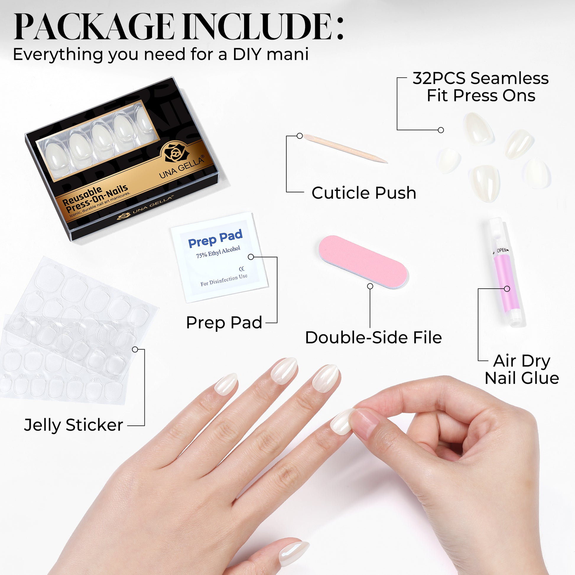 Reusable silver chrome almond-shaped nail tips by UNA GELLA, 32-piece salon-grade press-on nails for DIY manicures.
