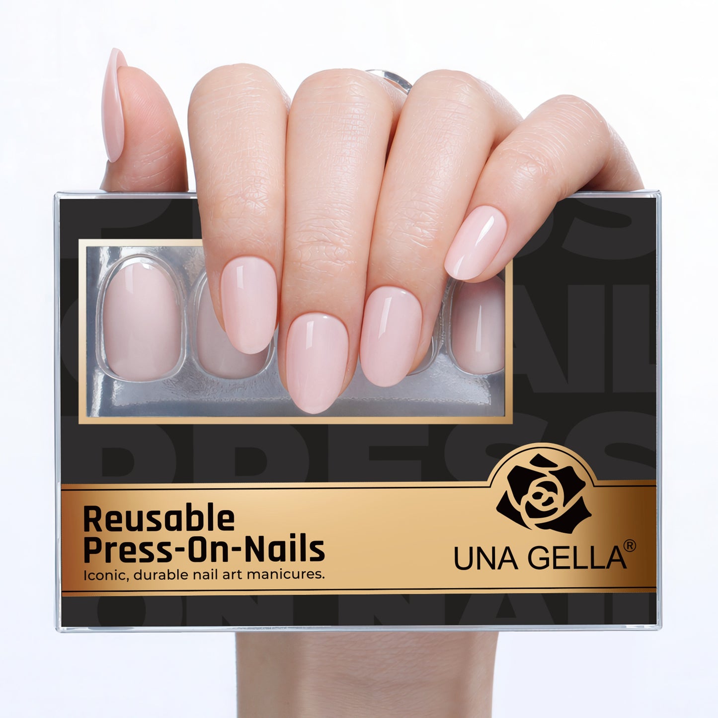 Reusable UNA GELLA soft gel press-on nails in nude pink oval shape, 32-piece set with 16 sizes for salon-quality DIY manicures.