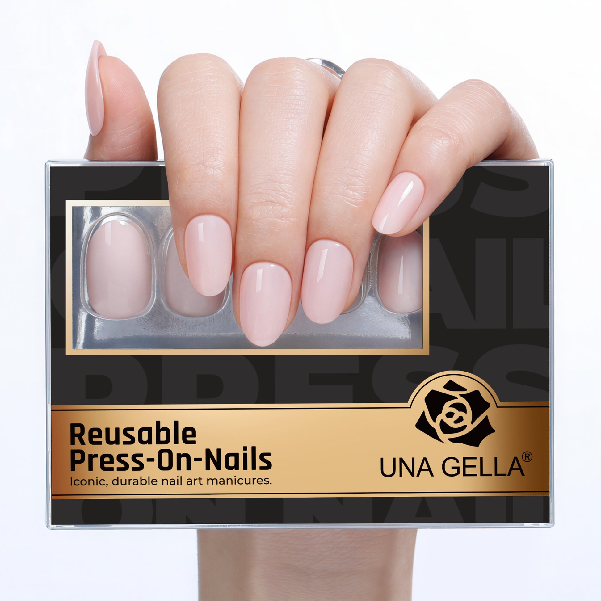 Reusable UNA GELLA soft gel press-on nails in nude pink oval shape, 32-piece set with 16 sizes for salon-quality DIY manicures.