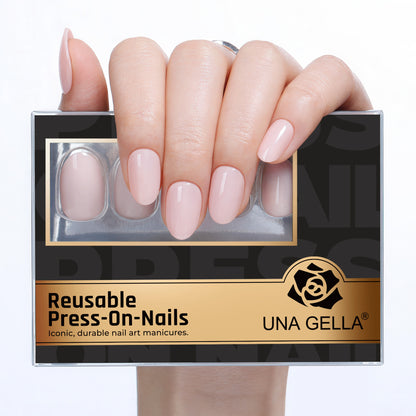 Reusable UNA GELLA soft gel press-on nails in nude pink oval shape, 32-piece set with 16 sizes for salon-quality DIY manicures.