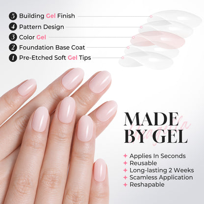 UNA GELLA soft gel press-on nails, 32pcs nude pink oval nail tips in 16 sizes, reusable salon-grade nail tips.