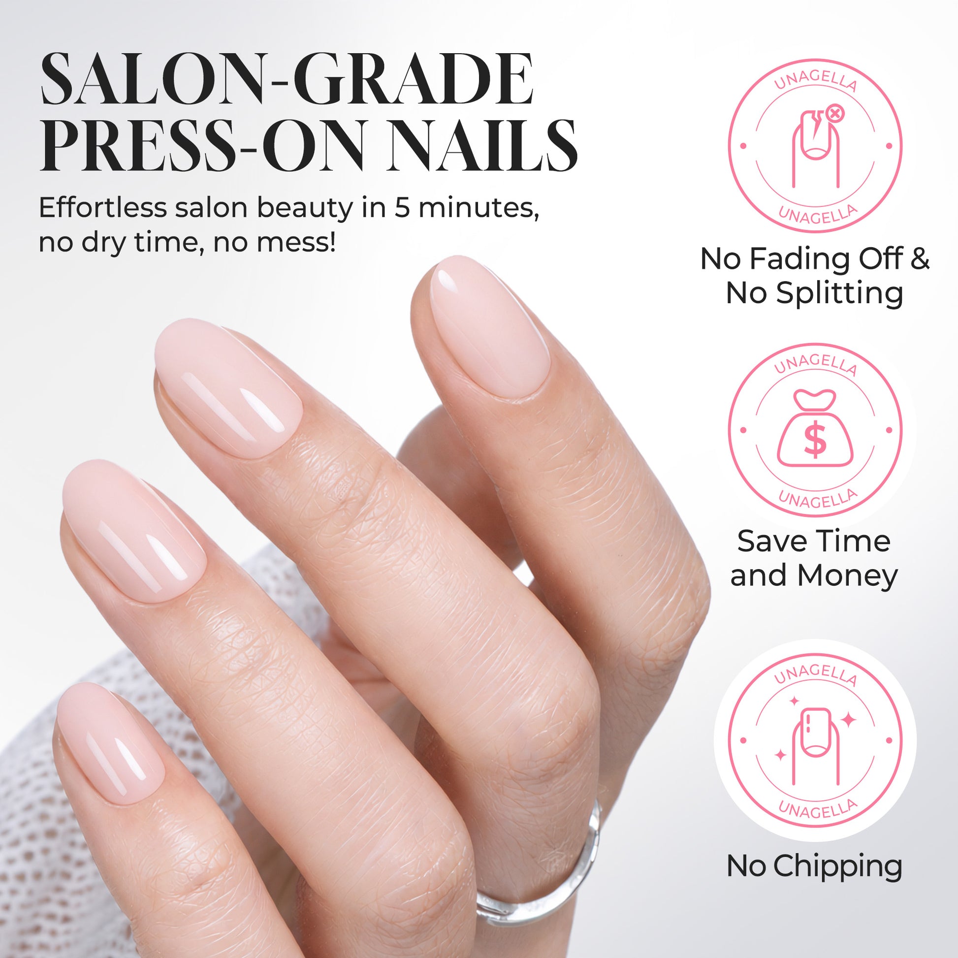 Reusable UNA GELLA soft gel press-on nail tips in nude pink, oval shape with 16 sizes for salon-quality DIY manicures.