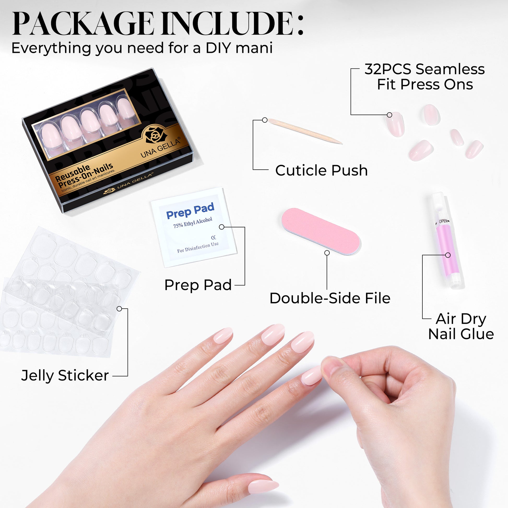 Reusable UNA GELLA soft gel press-on nail tips in nude pink, oval shape, 16 sizes, salon-grade DIY nail extension.