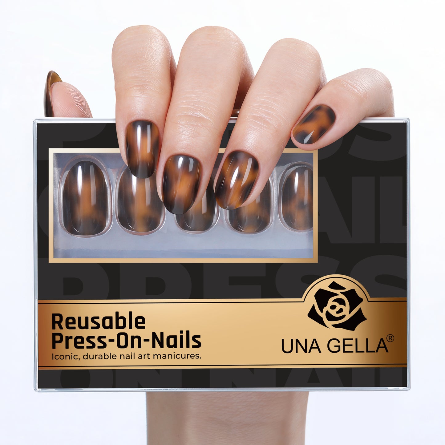 UNA GELLA 32-piece soft gel press-on nails in tortoise shell pattern, showing reusable nail tips with 16 sizes for DIY manicures.