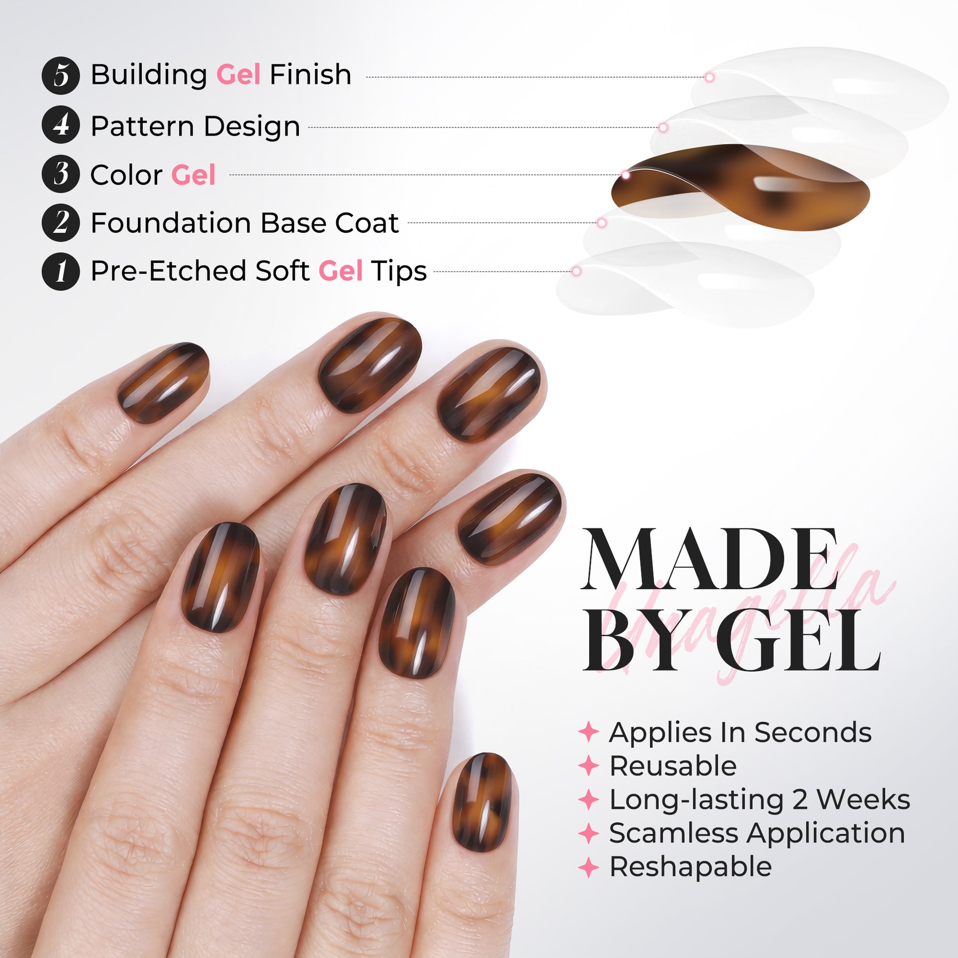 UNA GELLA 32-piece set of reusable soft gel press-on nails in tortoise shell pattern with 16 sizes for easy DIY manicures.