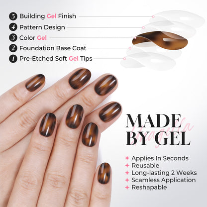 UNA GELLA 32-piece set of reusable soft gel press-on nails in tortoise shell pattern with 16 sizes for easy DIY manicures.