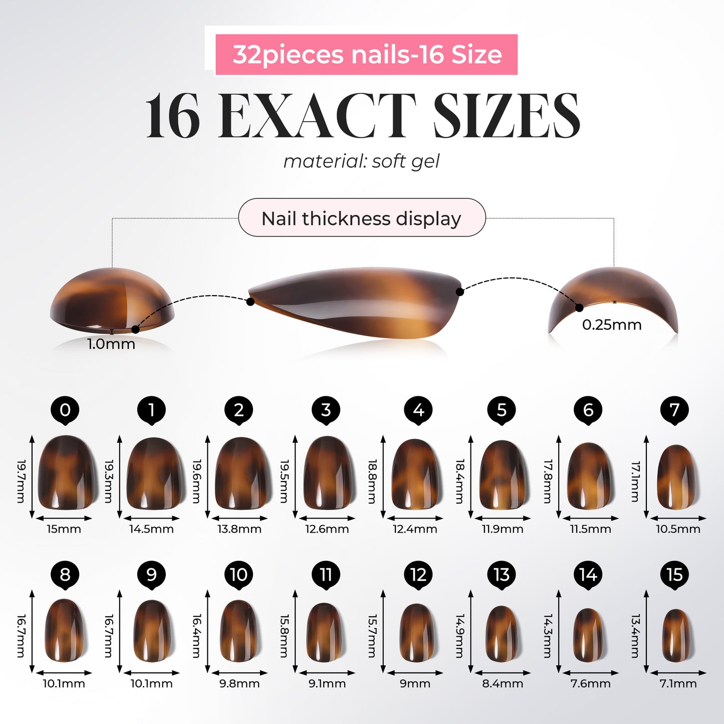 UNA GELLA 32-piece tortoise shell soft gel press-on nail tips in 16 sizes, reusable round nail tips for DIY manicures.