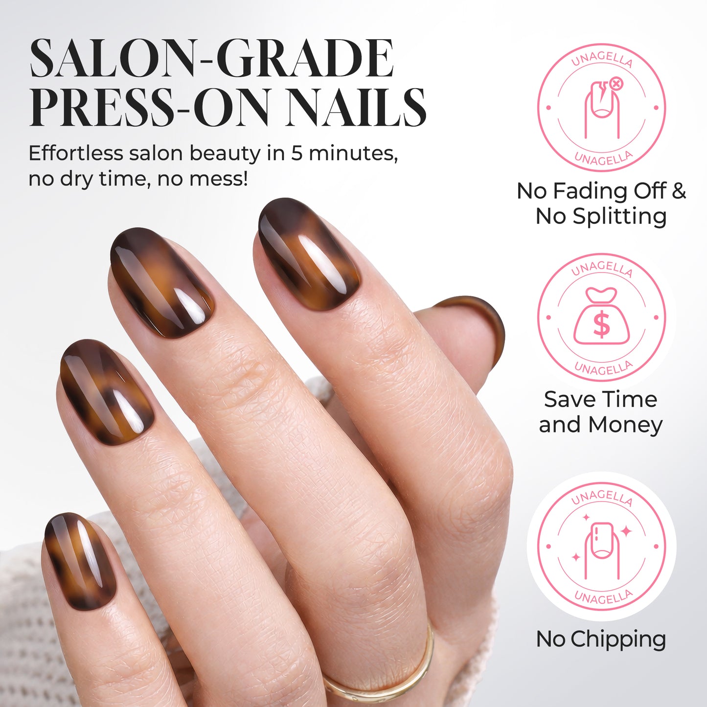 UNA GELLA tortoise shell soft gel press-on nail tips, 16 sizes, reusable, round shape, perfect for DIY manicures.