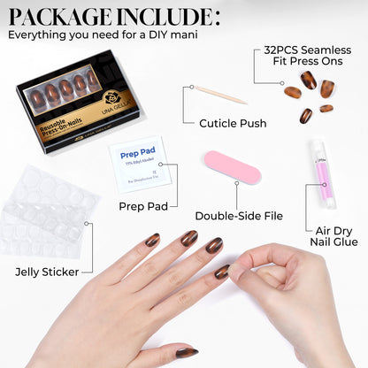 UNA GELLA 32-piece set of reusable soft gel press-on nail tips in tortoise shell pattern, featuring 16 sizes for easy DIY manicures