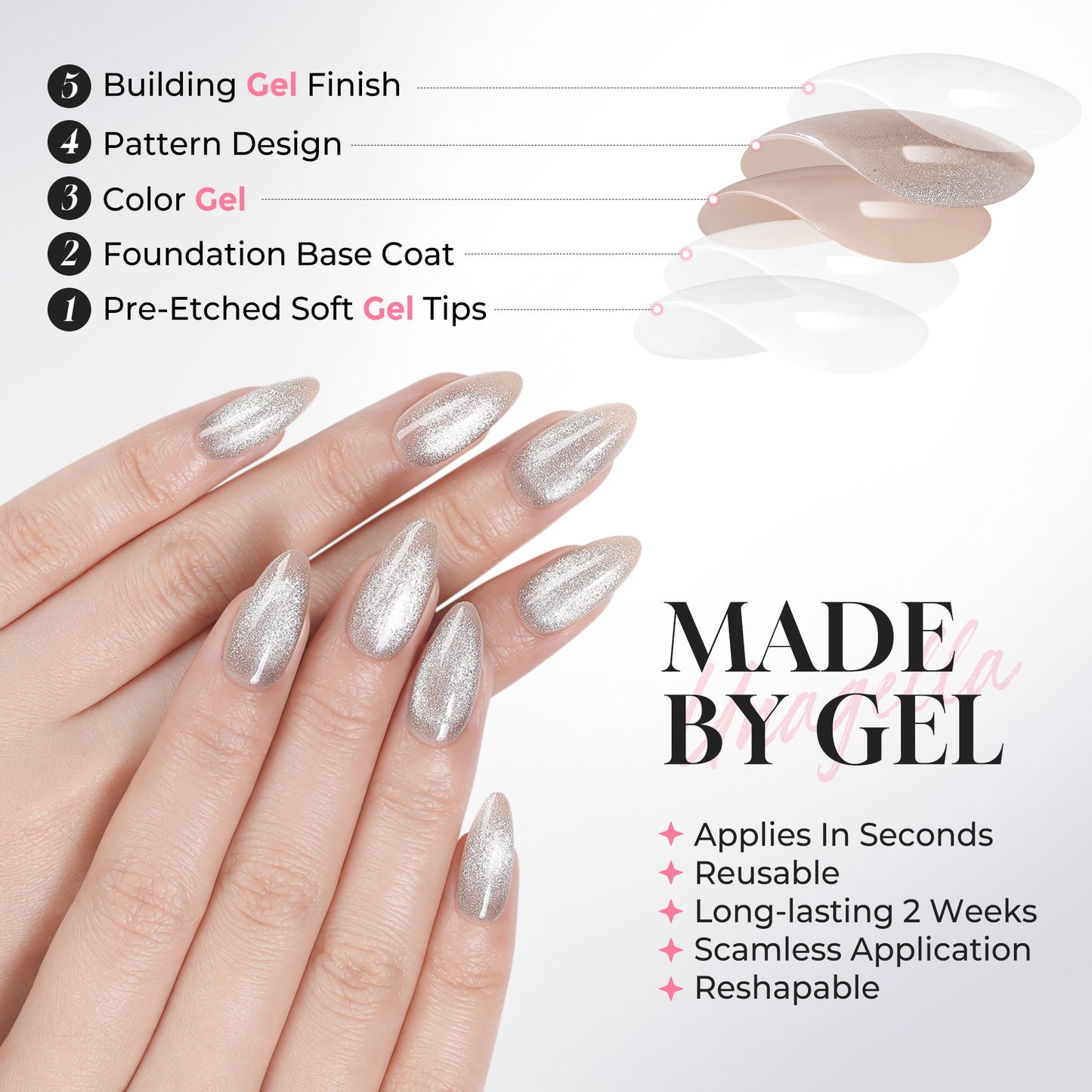 Silver cat eye almond-shaped press-on nails by UNA GELLA, 32-piece set with 16 sizes, reusable soft gel nail tips for DIY manicure.