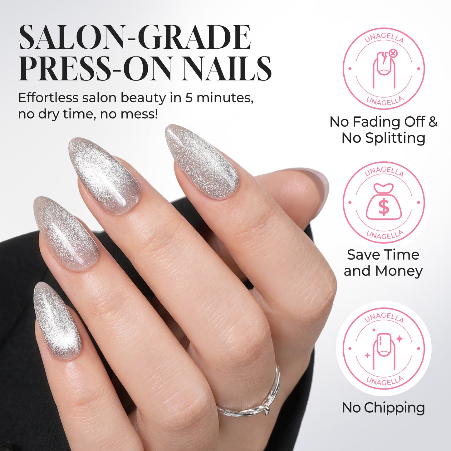 Silver cat eye almond-shaped press-on nails by UNA GELLA, reusable gel nail tips with 16 sizes for DIY manicure.
