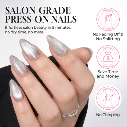 Silver cat eye almond-shaped press-on nails by UNA GELLA, reusable gel nail tips with 16 sizes for DIY manicure.