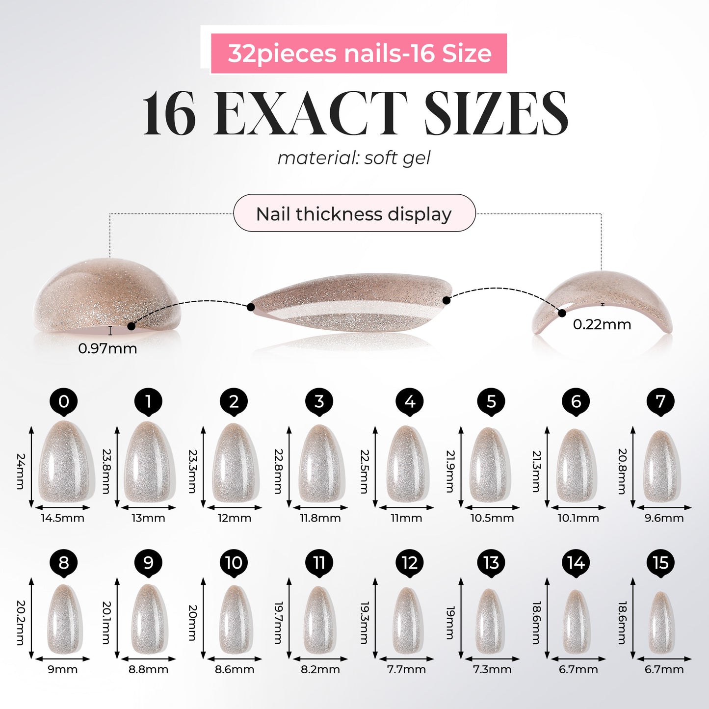 Silver cat eye almond-shaped press-on nails by UNA GELLA, 32-piece set with 16 sizes, reusable soft gel nail tips for DIY beauty.