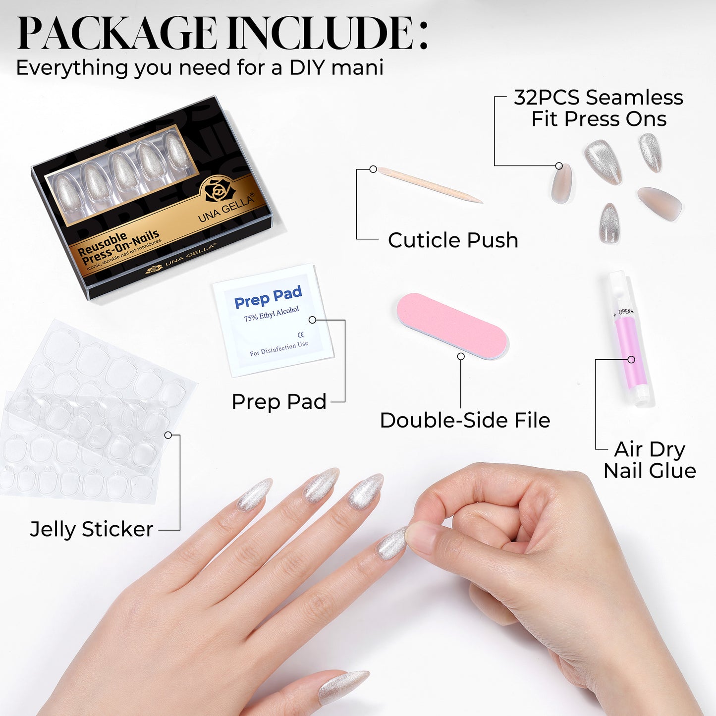 Silver cat eye almond-shaped press-on nail tips by UNA GELLA, 32-piece set with 16 sizes, reusable soft gel nail tips.