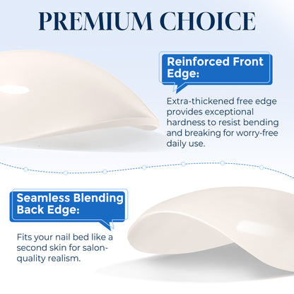 White almond-shaped press-on nail tips by UNA GELLA, salon grade reusable gel, shown in the image.