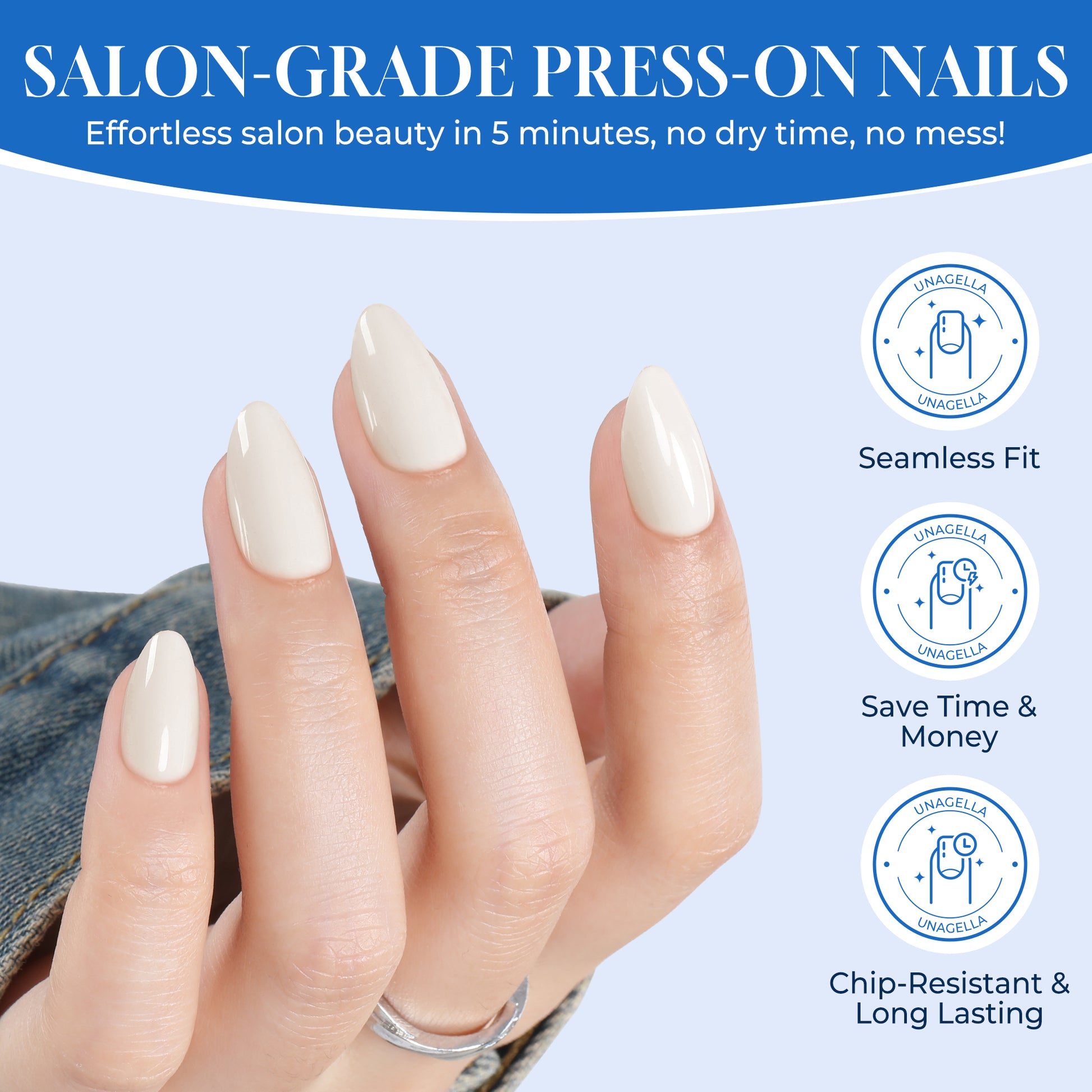 Almond-shaped white press-on nails by UNA GELLA, salon grade reusable gel nail tips, displayed on a white background.
