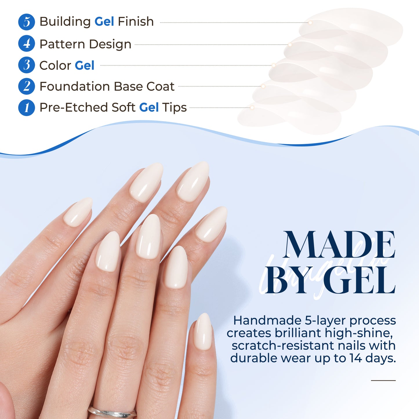 Almond-shaped white press-on gel nails by UNA GELLA, reusable salon-grade nail tips with a sleek, natural finish.