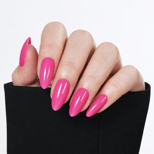 Set of 32 hot pink almond-shaped press-on nails by UNA GELLA, reusable Y2K style gel nail tips for DIY manicures.