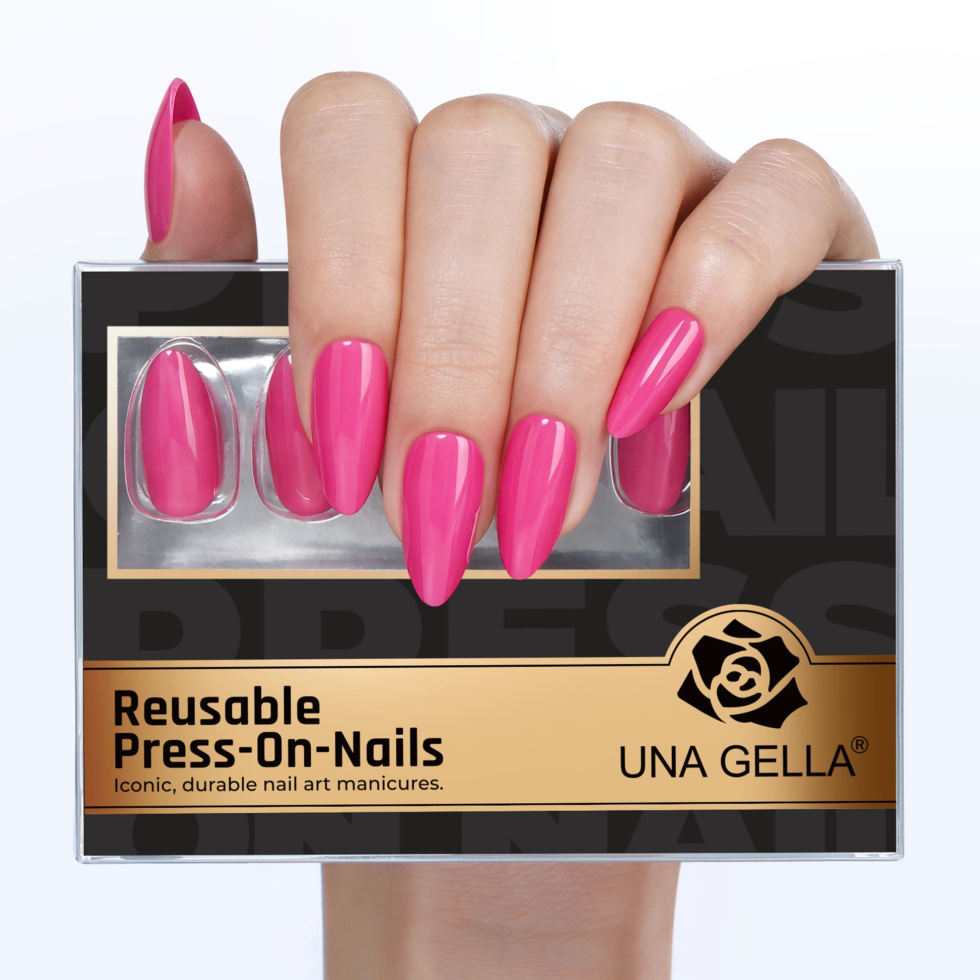 UNA GELLA soft gel press-on nails in hot pink, almond shape, 32pcs, reusable Y2K style nail tips for DIY manicure at home.