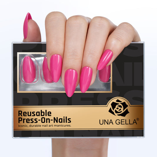 UNA GELLA soft gel press-on nails in hot pink, almond shape, 32pcs, reusable Y2K style nail tips for DIY manicure at home.
