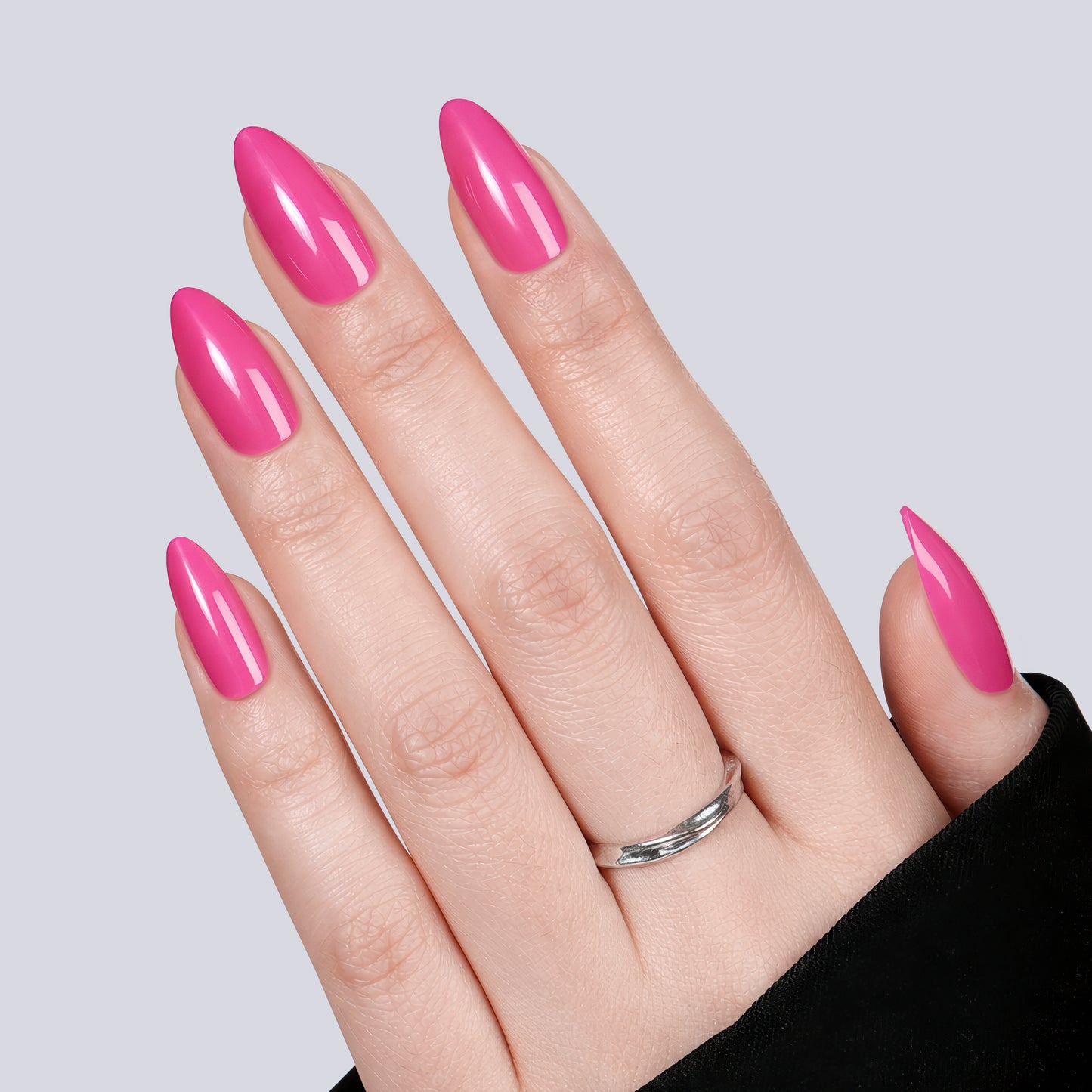 UNA GELLA soft gel press-on nails in hot pink almond shape, 32-piece Y2K style reusable nail tips for DIY manicures.