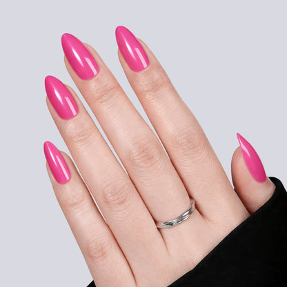 UNA GELLA soft gel press-on nails in hot pink almond shape, 32-piece Y2K style reusable nail tips for DIY manicures.