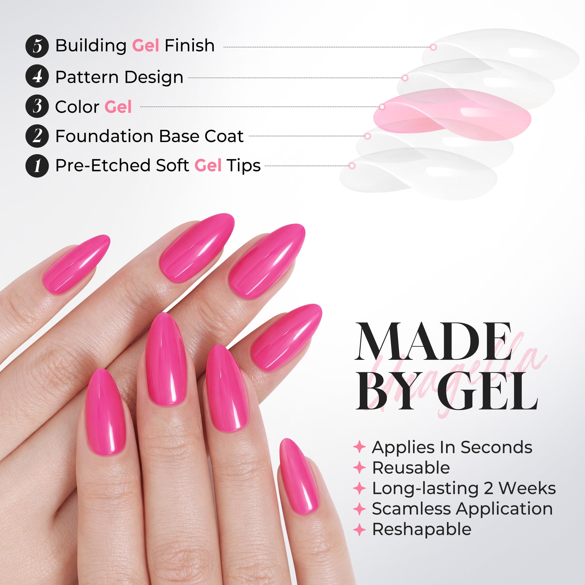 UNA GELLA soft gel press-on nails in hot pink almond shape, 32-piece Y2K style nail tips for DIY manicures.