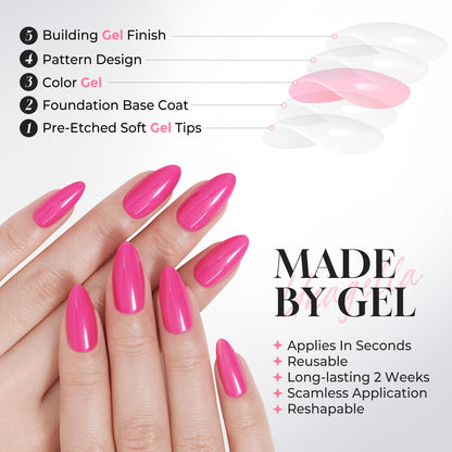 UNA GELLA soft gel press-on nails in hot pink almond shape, 32-piece Y2K style nail tips for DIY manicures.
