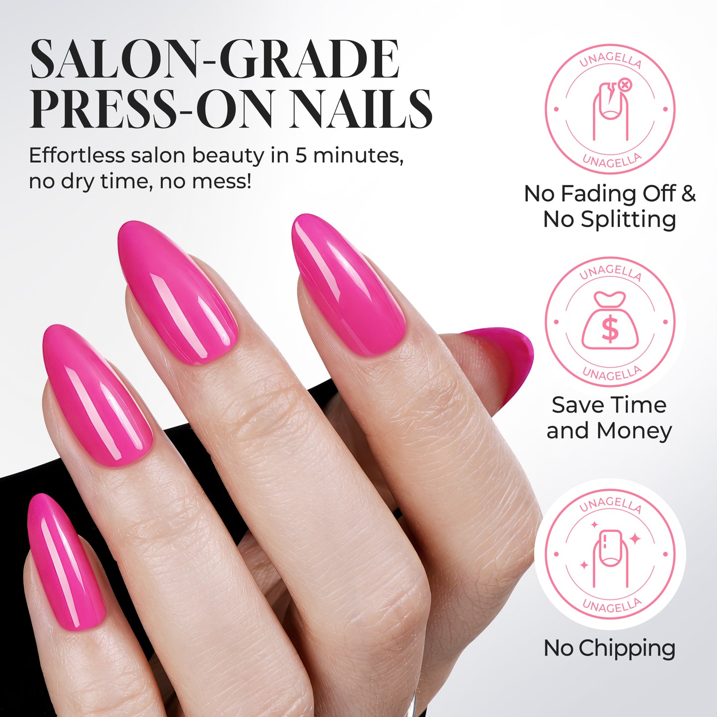 UNA GELLA Soft Gel Press On Nails in hot pink almond shape, reusable Y2K style nail tips for DIY manicures at home.