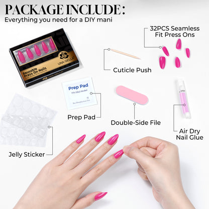 UNA GELLA soft gel press-on nails in hot pink, almond-shaped nail tips for DIY manicures, reusable and Y2K style.