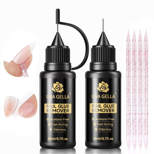 UNA GELLA 20ml nail glue remover solution, acetone-free, designed for quick removal of press-on nails, shown in the image.