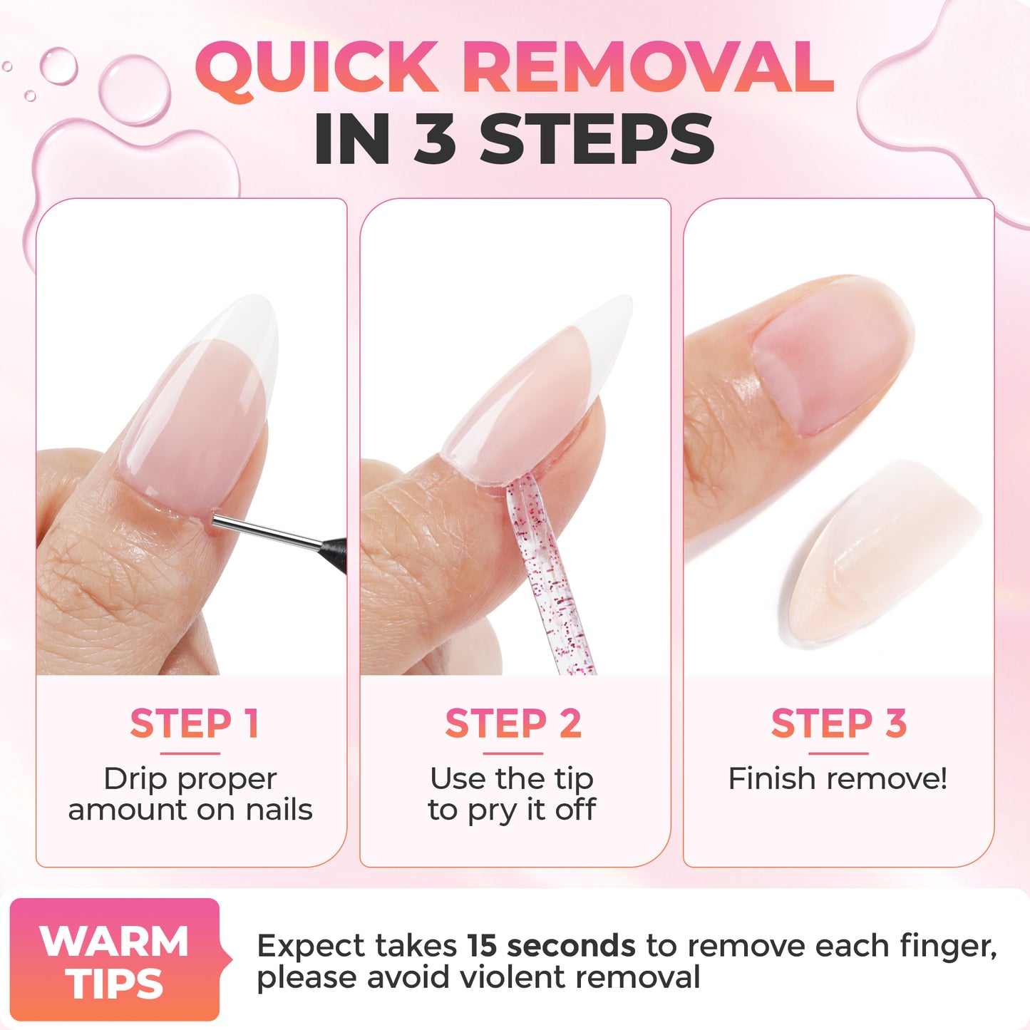 UNA GELLA 20ml nail glue remover solution designed for quick, acetone-free removal of press-on nails, in a clear bottle.
