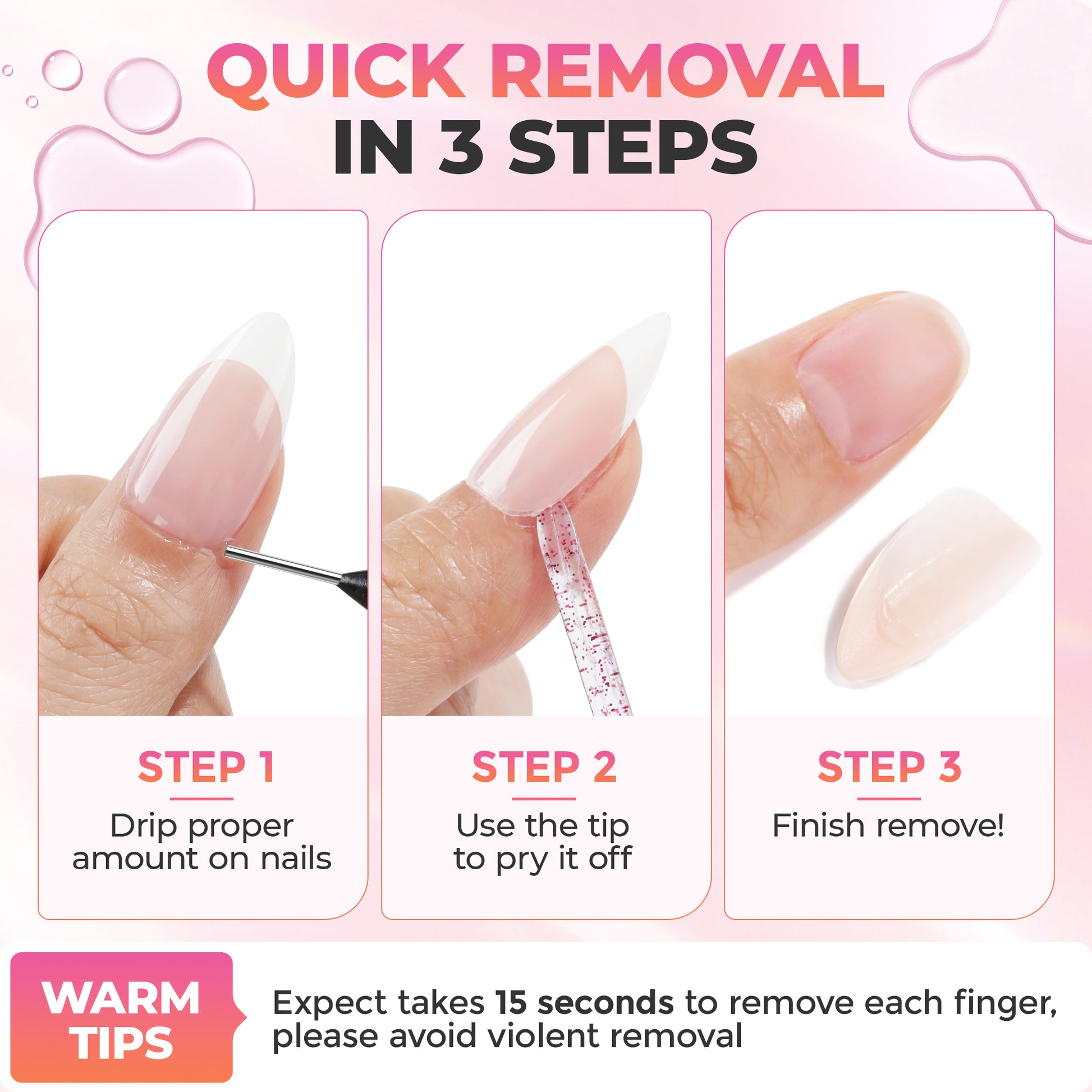 UNA GELLA 20ml nail glue remover solution designed for quick, acetone-free removal of press-on nails, in a clear bottle.