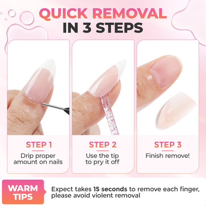 UNA GELLA 20ml nail glue remover solution designed for quick, acetone-free removal of press-on nails, in a clear bottle.