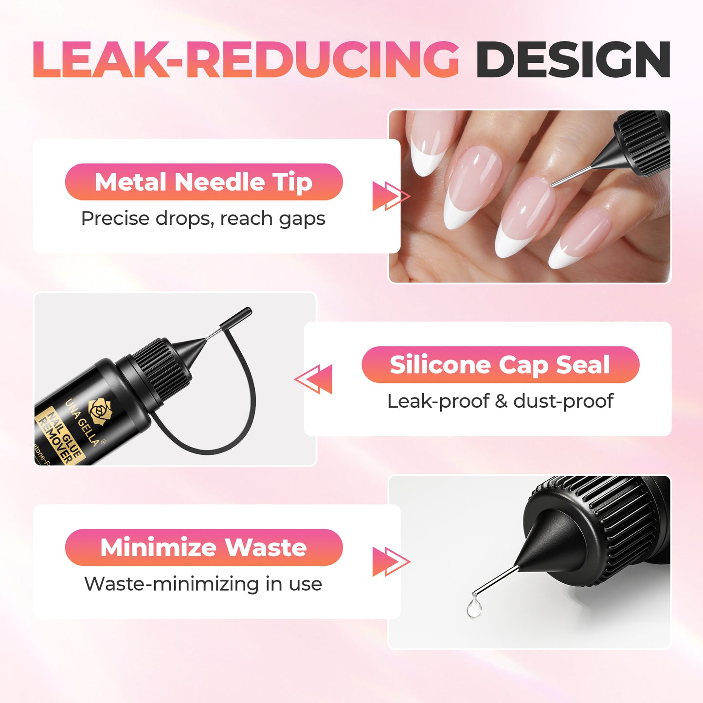 UNA GELLA 20ml nail glue remover solution for quick, acetone-free removal of press-on nails, designed for gentle nail care.