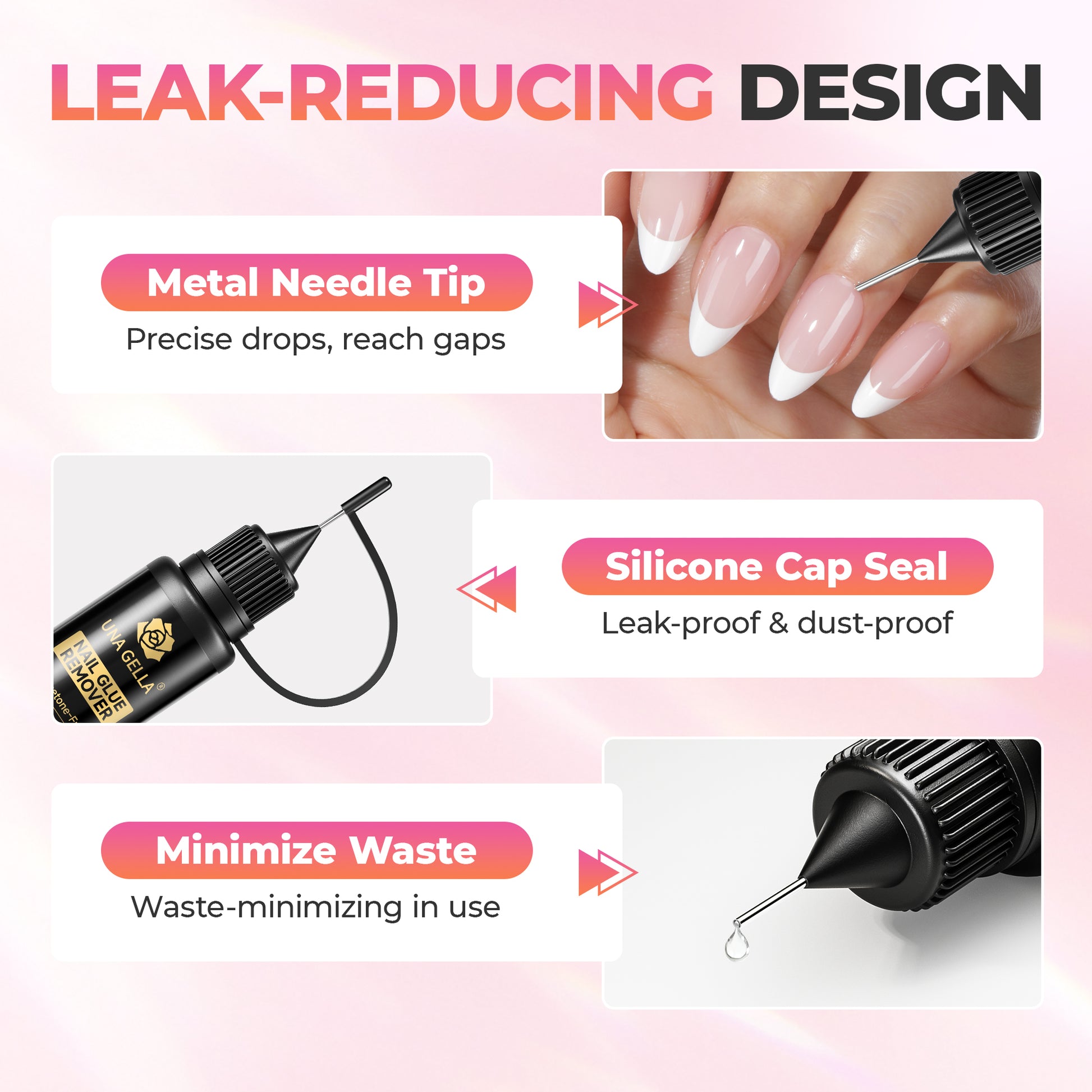 UNA GELLA 20ml nail glue remover solution for quick, acetone-free removal of press-on nails, designed for gentle nail care.