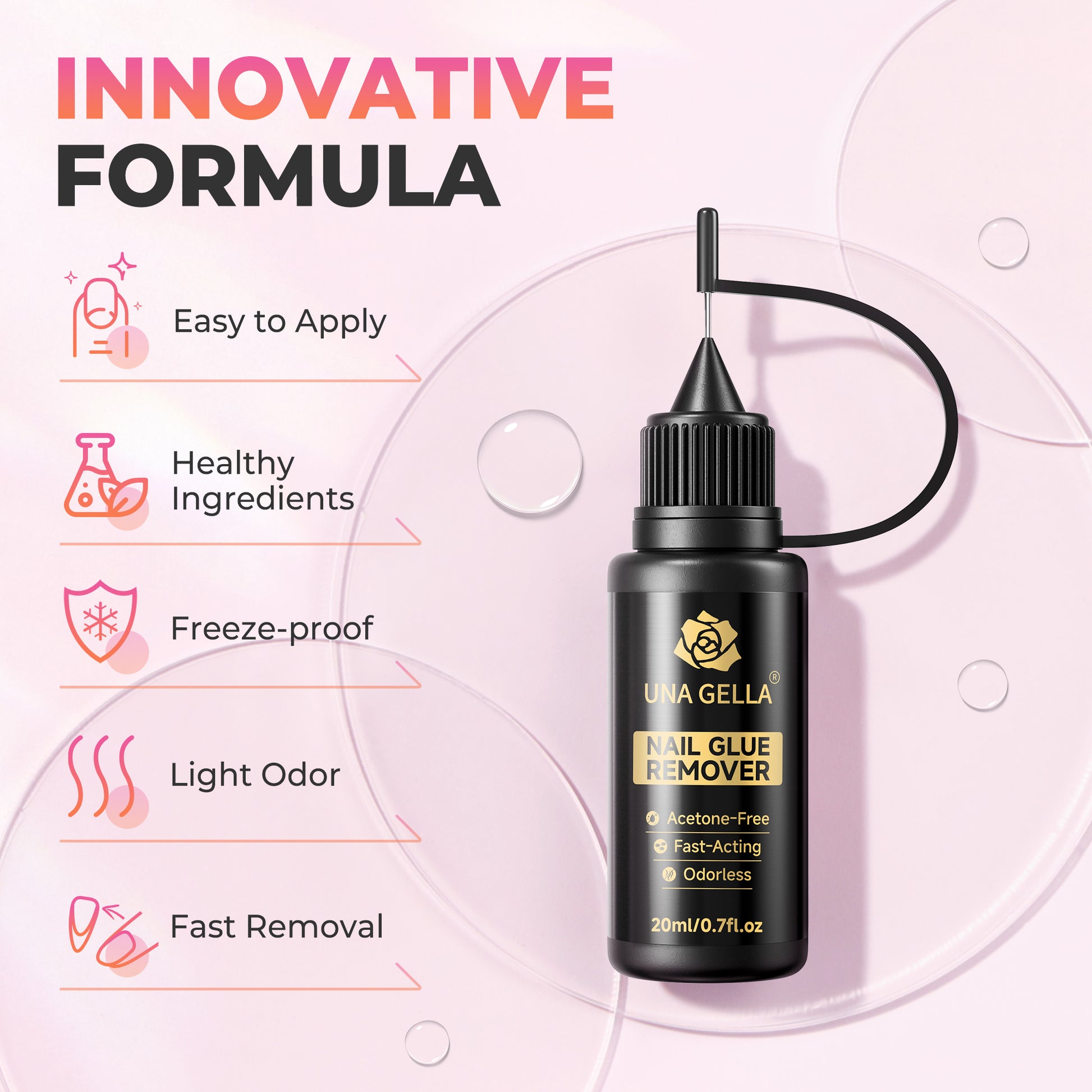 UNA GELLA 20ml nail glue remover solution for quick, acetone-free removal of press-on nails, designed for gentle, effective nail adhesive removal.