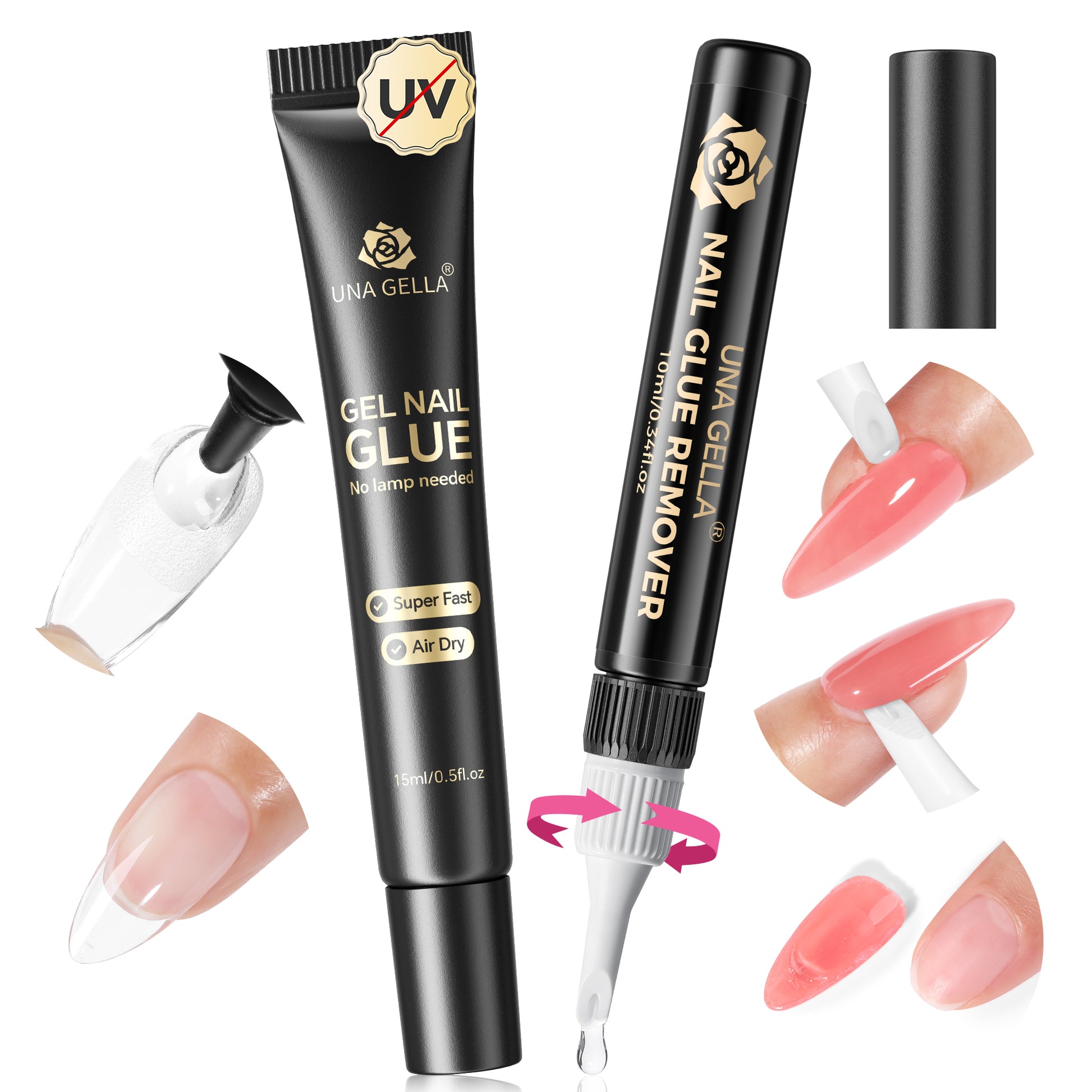 UNA GELLA 15g semi-solid nail glue and 10ml remover set with press-on nails, showcasing the glue bottle, remover, and nail tips.