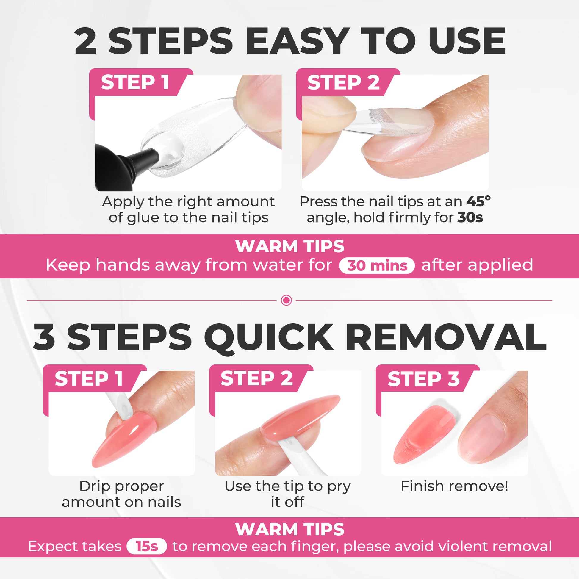 UNA GELLA 15g semi-solid nail glue and 10ml nail remover set with press-on nails for up to 28 days, featuring applicator bottles.