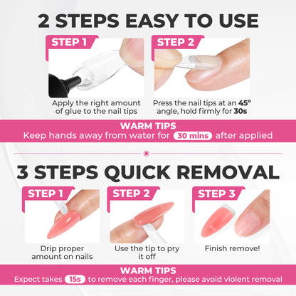 UNA GELLA 15g semi-solid nail glue and 10ml nail remover set with press-on nails for up to 28 days, featuring applicator bottles.