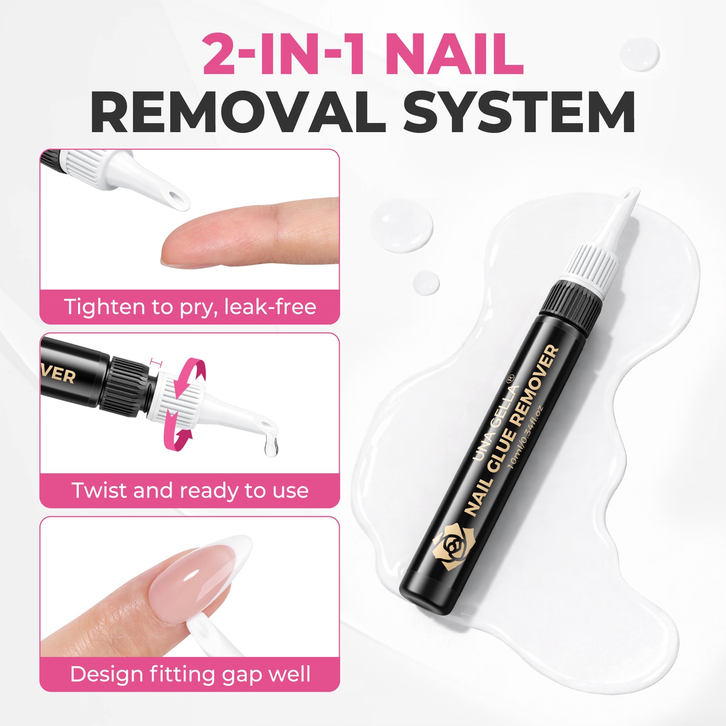 UNA GELLA 15g semi-solid nail glue and 10ml remover set with press-on nails, showcasing the glue bottle, remover, and nail set.