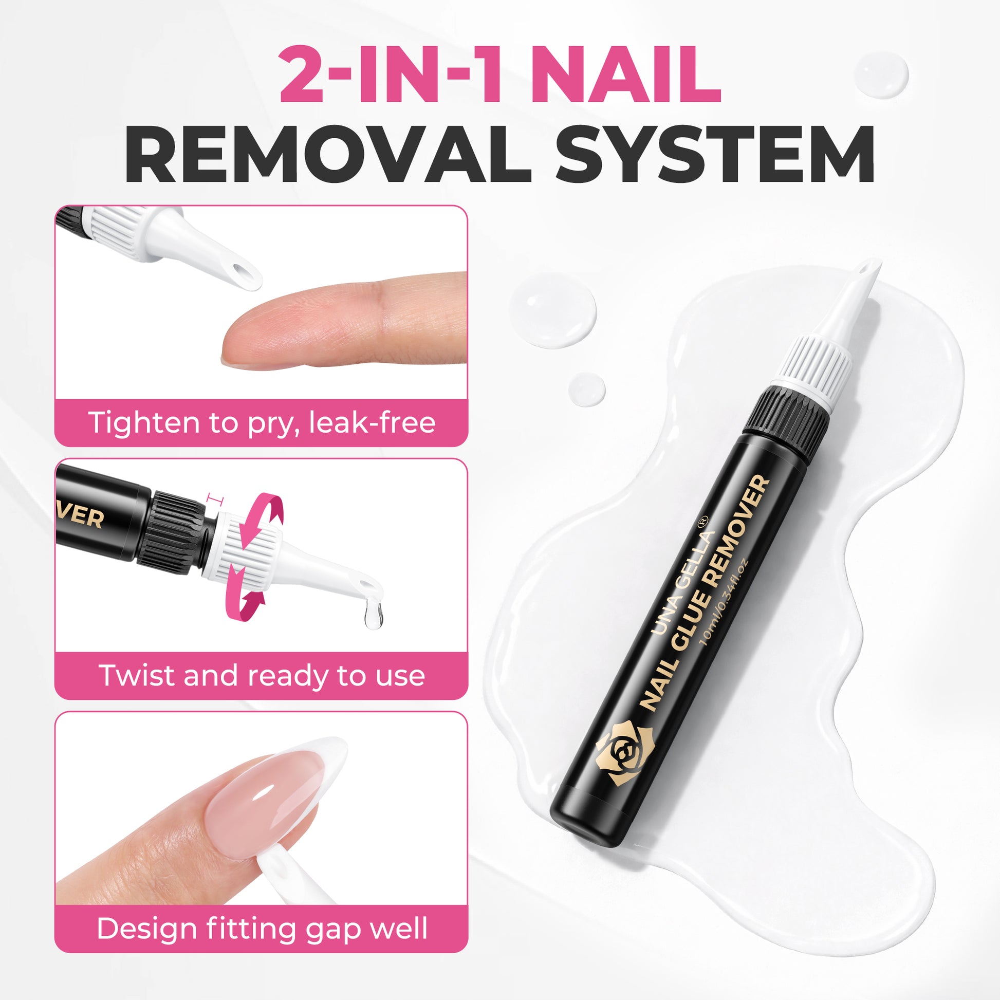 UNA GELLA 15g semi-solid nail glue and 10ml remover set with press-on nails, showcasing the glue bottle, remover, and nail set.