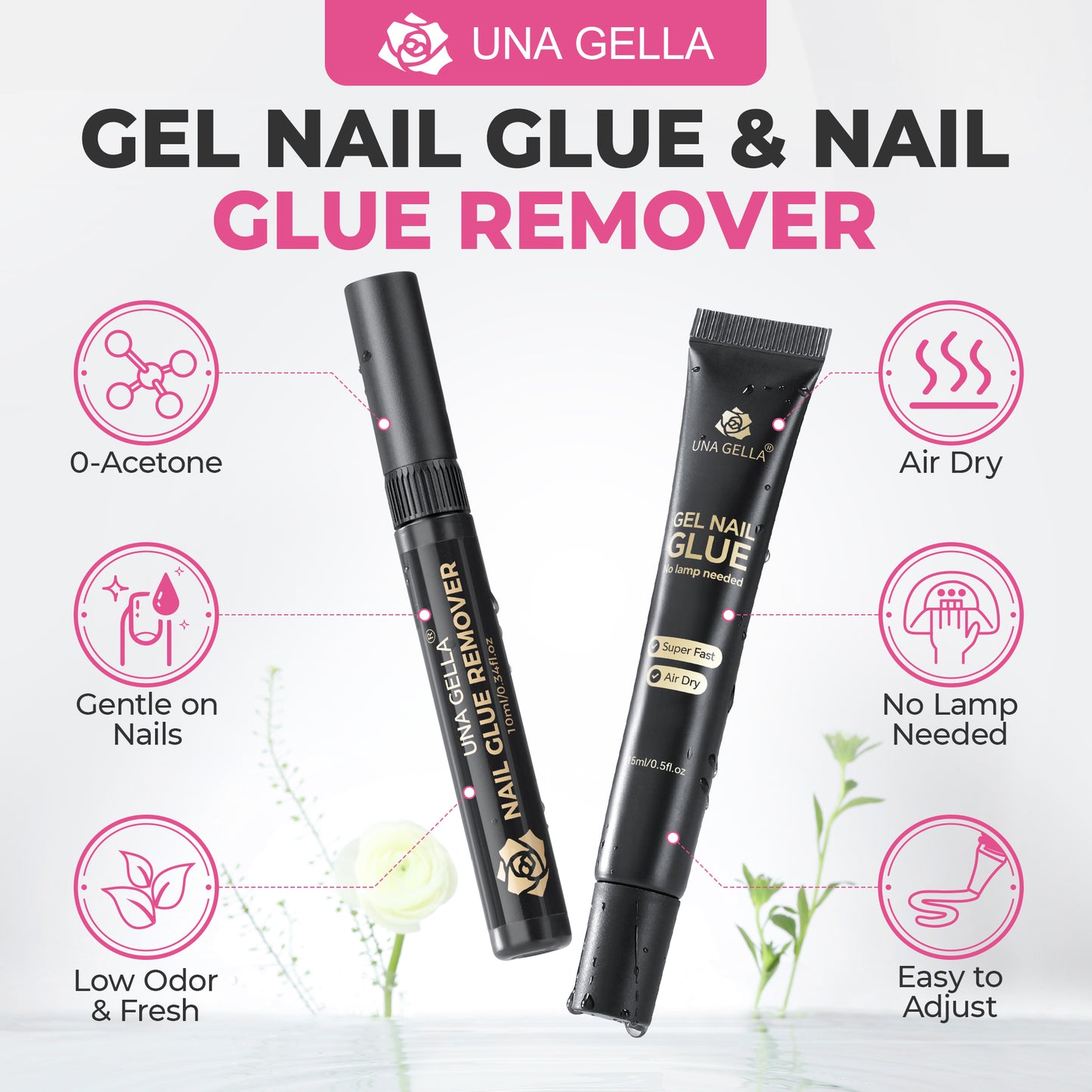 UNA GELLA 15g semi-solid nail glue and 10ml remover set with press-on nails, showcasing the glue bottle, remover, and nails.